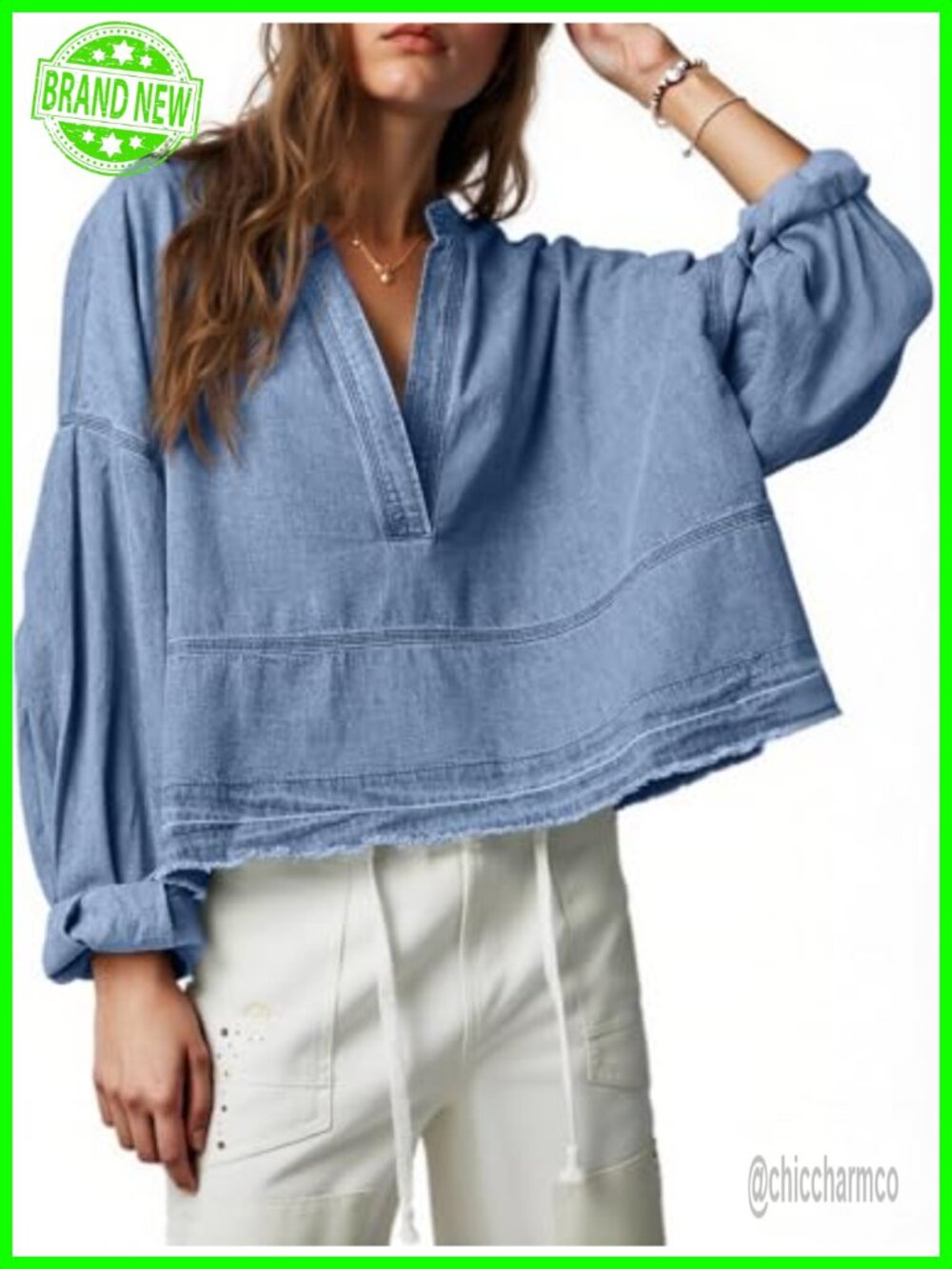 Womens Denim Top Puff Long Sleeve V Neck Cotton Jean Shirt Casual